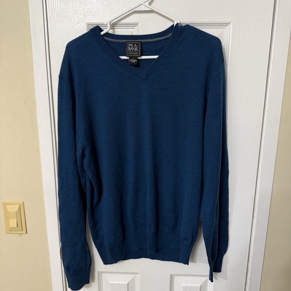 Jos. A. Bank Sweater Mens Large Blue 100% Merino Wool Traveler V-Neck Pullover